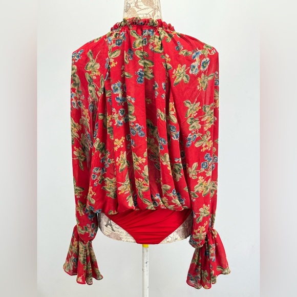 MISSGUIDED  Red floral surplice poet sleeve bodysuit size 10 - Picture 12 of 15